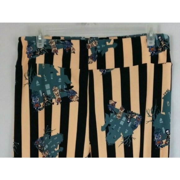 New LuLaRoe TC2 Halloween Leggings Orange & Black Striped W/ Haunted Houses - Picture 3 of 6